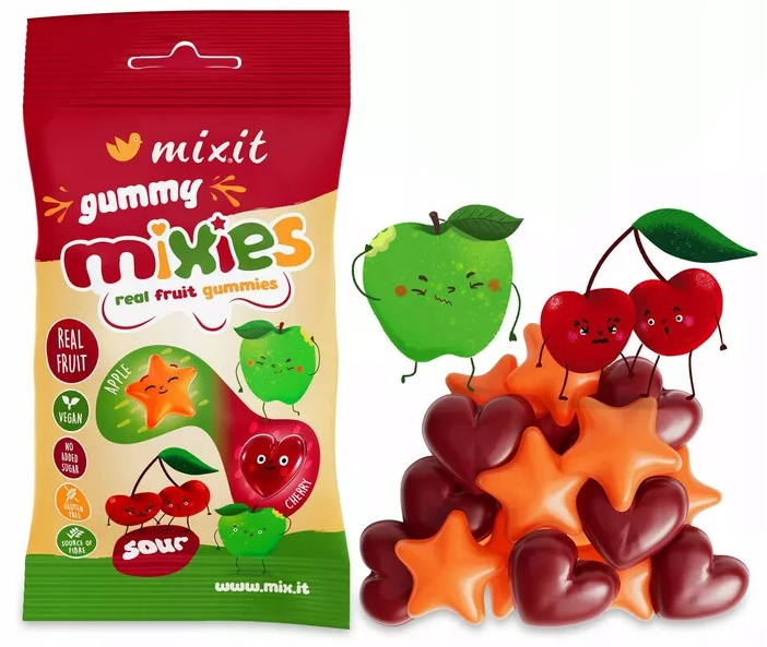 MIXIT Żelki Naturalne Owocowe Mixies JABŁKO CZEREŚNIA Bez Cukru 35g_1