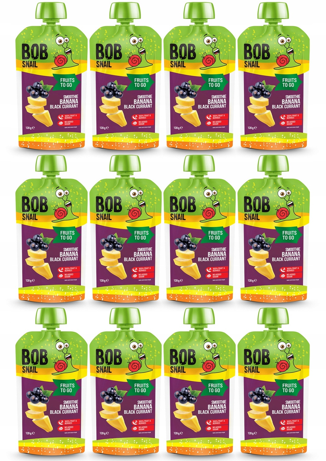 12x BOB SNAIL Smoothie BANAN Czarna PORZECZKA Bez Dodatku Cukru Mus 120g_1