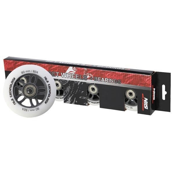 PU 90x24 82A BIAŁE MATOWE (4 szt.) + ABEC-9 CHROME (8 szt.) ZESTAW NILS EXTREME