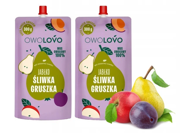 OWOLOVO Mus Owocowy 100% JABŁKO ŚLIWKA GRUSZKA Bez Dodatku Cukru 300g x2_1