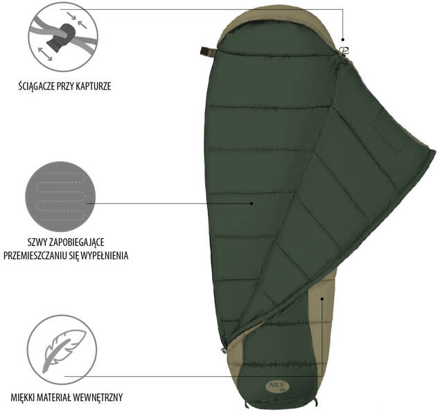 Duży Śpiwór Turystyczny Kempingowy Ciepły Mumia 220x80 cm NILS CAMP NC2012